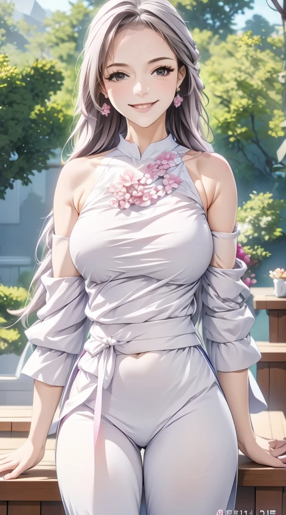 best quality,highres,ultra-detailed,realistic,photorealistic:1.37,portrait, intricate white long dress, ((modest dress)), standing,flowers field,silver long hair,bun hair,smiling woman,close up to abs, ((moderate breast)), beautiful detailed eyes,beautiful detailed lips,flower petals on air,bare shoulders,vivid colors,studio lighting,soft sunlight, happy face, ((cleavages:0.6))