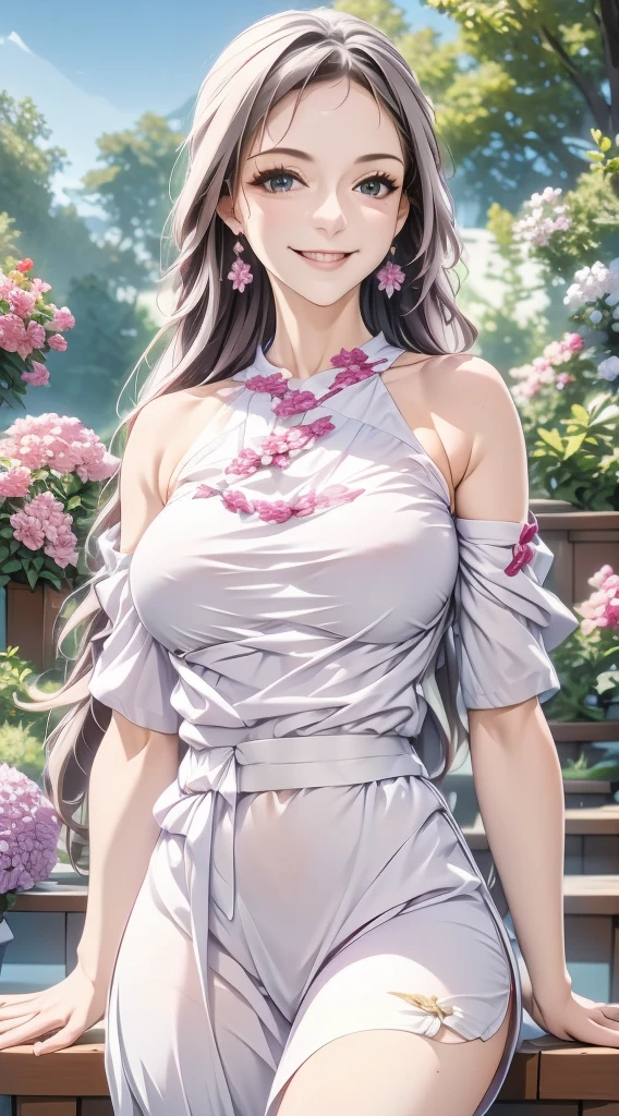 best quality,highres,ultra-detailed,realistic,photorealistic:1.37,portrait, intricate white long dress, ((modest dress)), standing,flowers field,silver long hair,bun hair,smiling woman,close up to abs, ((moderate breast)), beautiful detailed eyes,beautiful detailed lips,flower petals on air,bare shoulders,vivid colors,studio lighting,soft sunlight, happy face, ((cleavages:0.6))