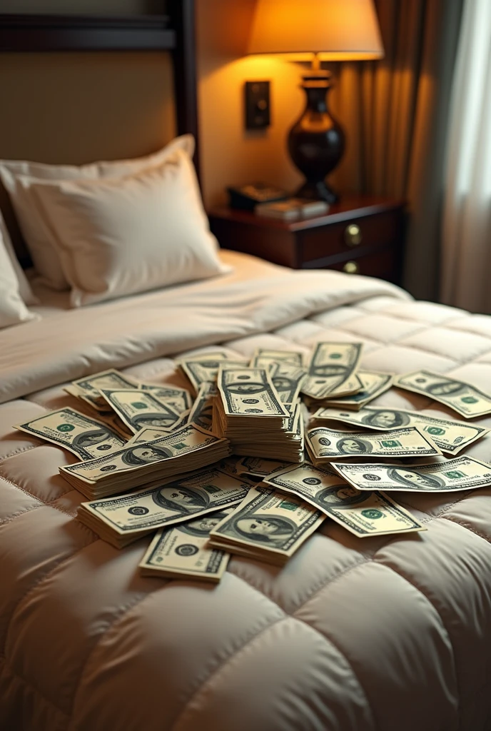 Create an image with 30 thousand dollars in bills on top of a bed with the money spread out