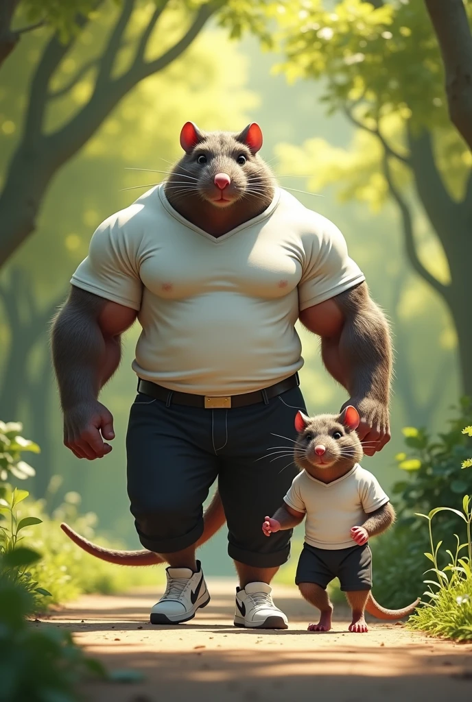A humanoid body builder rat with his son walking in the park, wearing white shirts, black pants, and white rubber shoes, 8K
