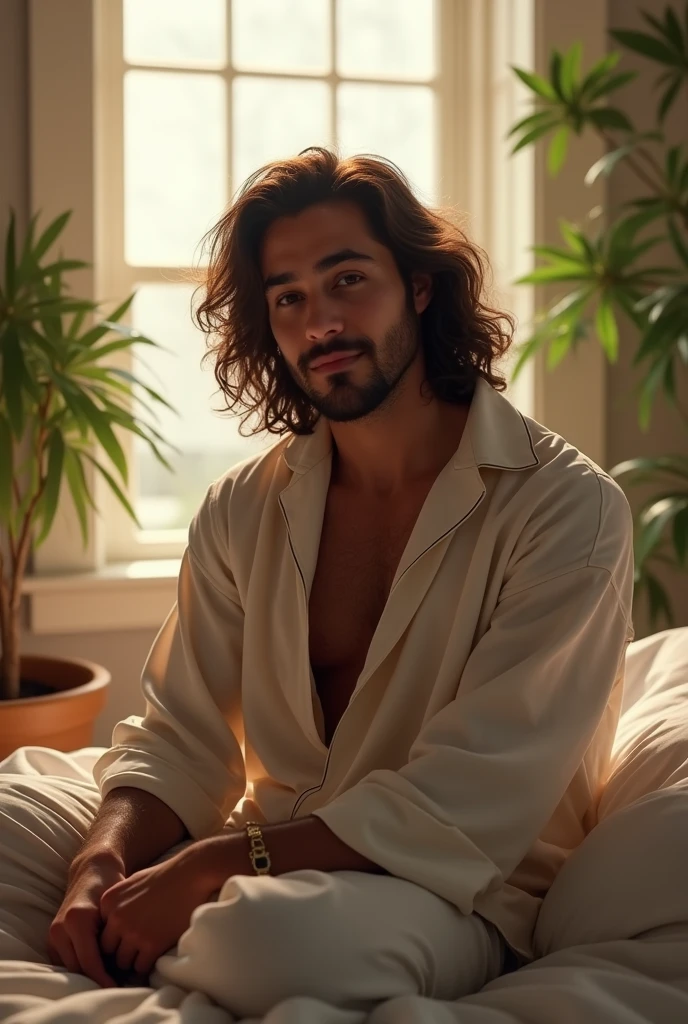 (photorealism:1.2), beautiful mr beast youtuber , sitting on bed, wearing loose off-shoulder top, pajama pants, long curly hair, indoors, soft lighting, plants in background, window with sunlight, cozy room, relaxed pose, realistic, intricate details, warm colors, by Greg Rutkowski, by Alphonse Mucha
