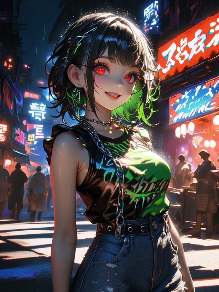 1 person, chromatic aberration, Written boundary depth, Soft Light, masterpiece, Highest quality, complicated, Tone Mapping, A place where fireworks are set off at festivals. Concept Art, Smooth, Clear focus, Dramatic lighting, Very cinematic, super practical painting, アートステーション's trending, 8k, Incredible Shadows, practical,  whole body, View, Viewers, Portrait of a Girl 1, standing on street corner, Heavy rain and lightning、Dark Sky, neon and cyber punk background, she is dressed in punk clothing with silver chains and silver spikes, Her hair was dyed a bright black color..........Ominous aura of light, smile, punk, ciber punk, Backlight.Fashionable clothes、Friendly dress code:Stylish green sleeveless denim style.My breasts are a little big.Beautiful red eyes