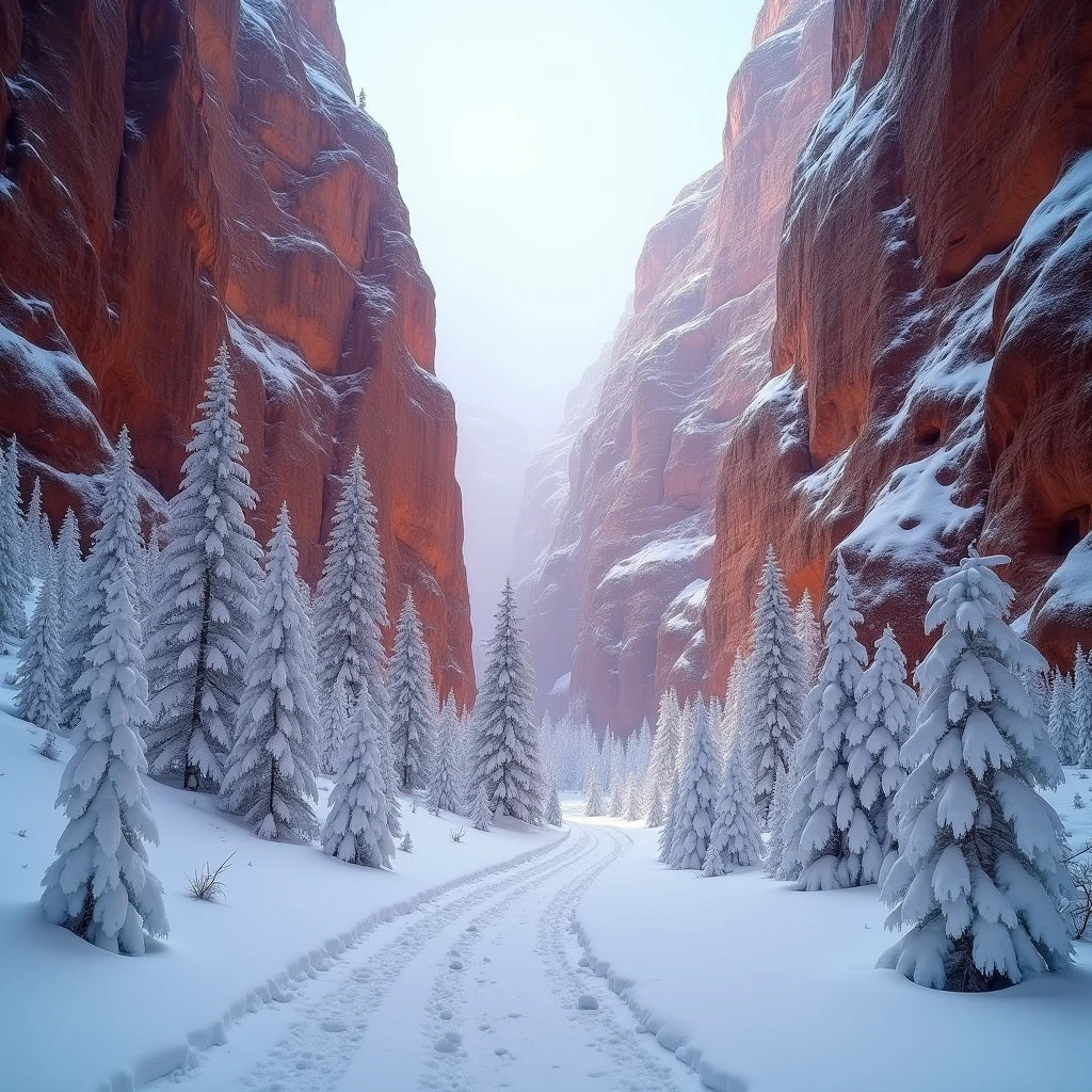 Snow Scenery, Located in Banff National Park, Utah, USA, it is like a mysterious ice and snow wonderland in winter. Entering this snowy canyon, it feels like entering a kingdom of ice and snow, with towering red sandstone covered in white snow, creating a highly impactful scene, (best quality, masterpiece, photorealistic), very aesthetic, perfect composition, intricate details, ultra-detailed, vivid colors