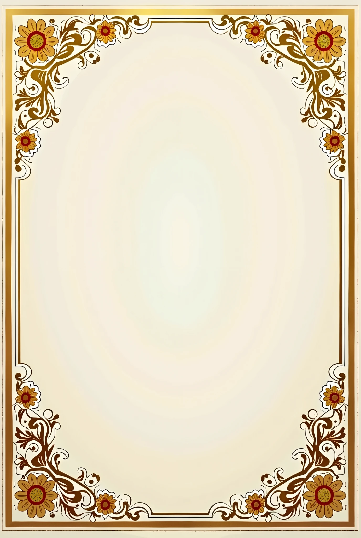 "Design a Nikah Nama (Islamic marriage certificate) template featuring intricate golden floral patterns around all four edges. The floral designs should be delicate and elegant, inspired by traditional Islamic and Mughal art, with a focus on subtlety and sophistication. The gold color should be rich but not overwhelming, creating a luxurious yet refined frame. The center of the template should remain empty, allowing ample space for the text to be added. Ensure that the floral borders beautifully frame the blank center, giving the template a balanced and distinguished appearance."