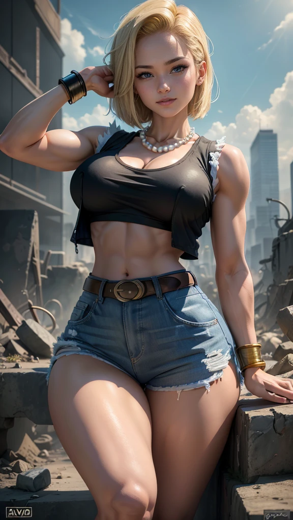 Android 18 da Dragon Ball Z,(best qualityer,4K,8k,high resolution,work of art:1.2)(weather: windy),city ruins background, white top, cropped black vest, denim pants, jeans, pearl necklace, bracelets, yellow socks, black shoes, belt,short hair,ultra detailed,realisitic,portraite,beautiful detailed blue eyes,beautiful detailed lips,extremely detailed eye and face, long eyelashes,sexly,average,large breasts,beaming smile,powerful girl in a battle, flexing pose,dirty clothes,stunning curves,bright coloured,dramatic lighting,