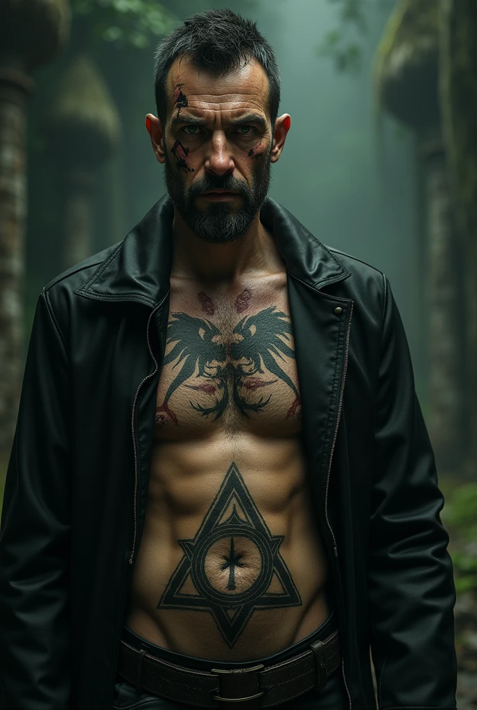 Light-skinned man with green eyes, short black hair and a tattoo on his abdomen (in triangular shape) with scars on the face (dark fantasy) and 40 years old