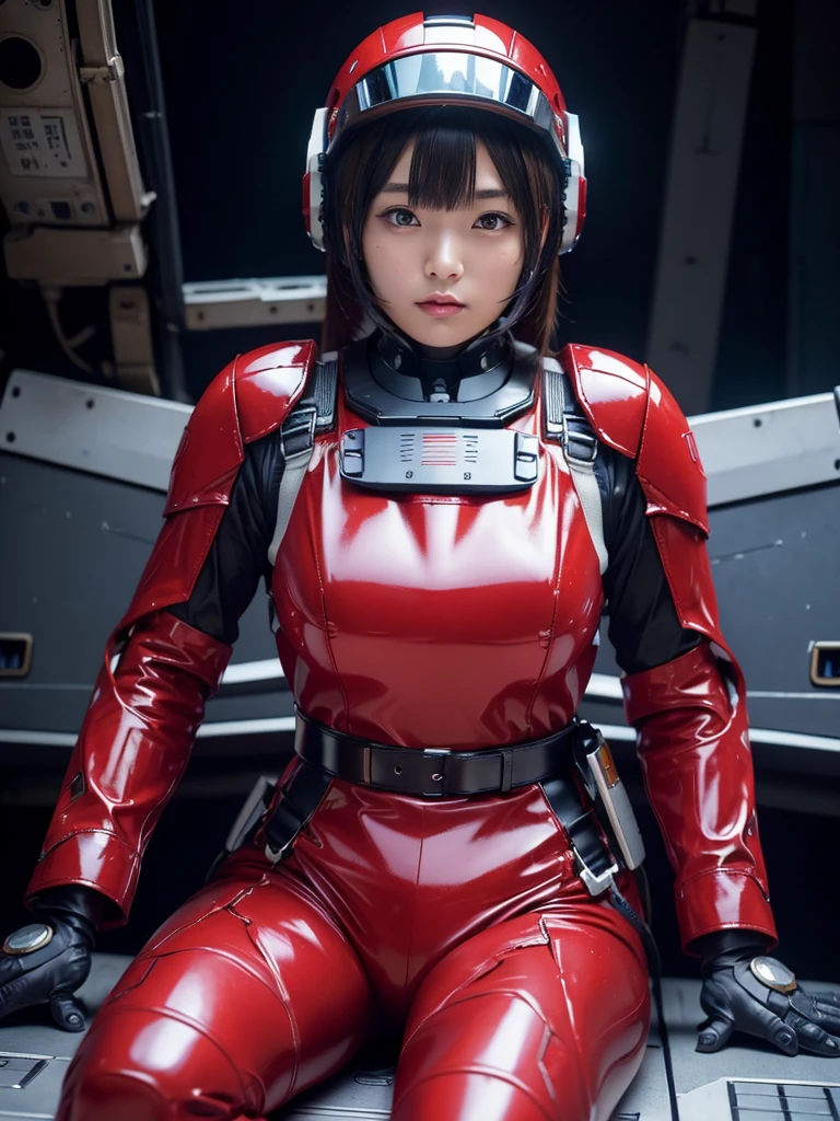 masterpiece, Highest quality, Very detailed, Japanese Android girl, Beautiful 2 Japanese woman, Plump,Slightly thicker,Control panel,Android,cyborg,Blunt bangs,Sitting in the cockpit,Red robot suit,Heavy-duty harness belt,Helmet