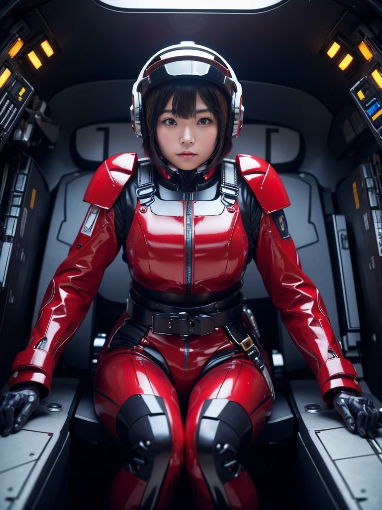 masterpiece, Highest quality, Very detailed, Japanese Android girl, Beautiful 2 Japanese woman, Plump,Slightly thicker,Control panel,Android,cyborg,Blunt bangs,Sitting in the cockpit,Red robot suit,Heavy-duty harness belt,Helmet
