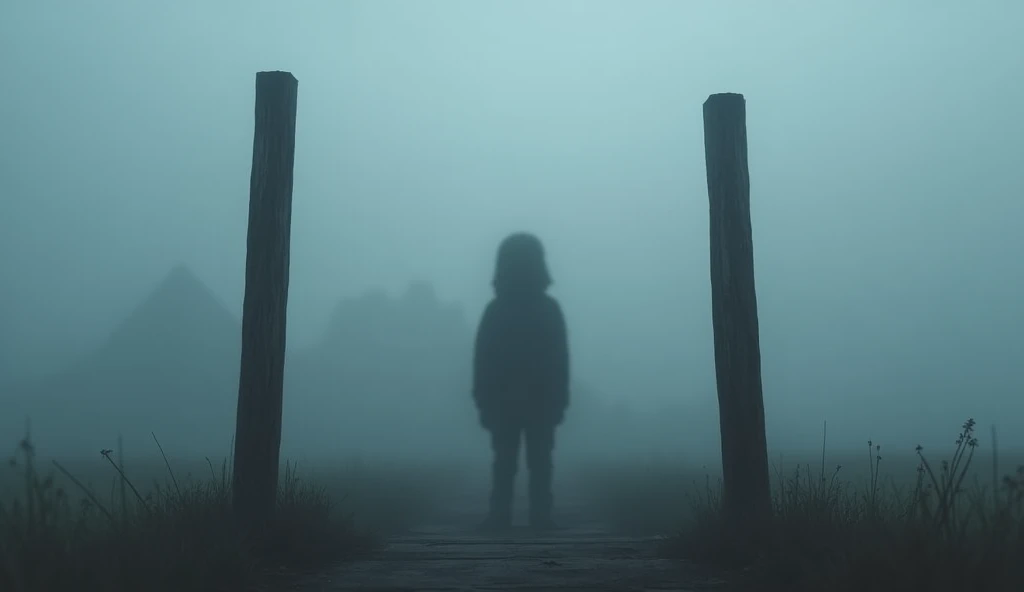 Outside, in the thick fog, a shadowy figure of a  is barely visible, standing behind a wooden post.