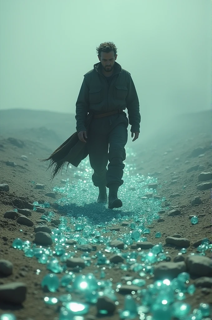 A man walking on broken glass