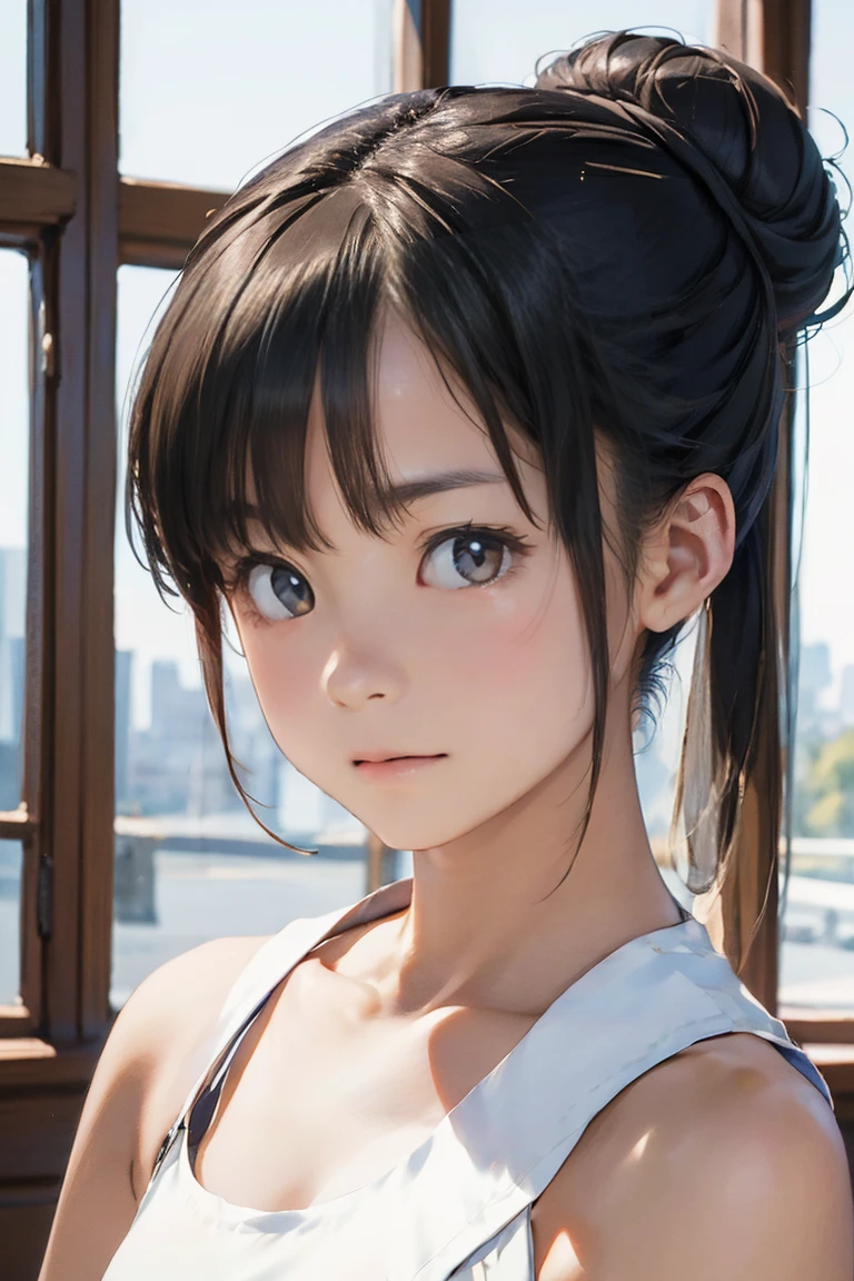 masterpiece, best quality, extremely detailed, (realistic, photo realistic:1.2), high resolution, RAW photo, 8k, Asian girl, 18yo, side bun,slender、Mid-chest、