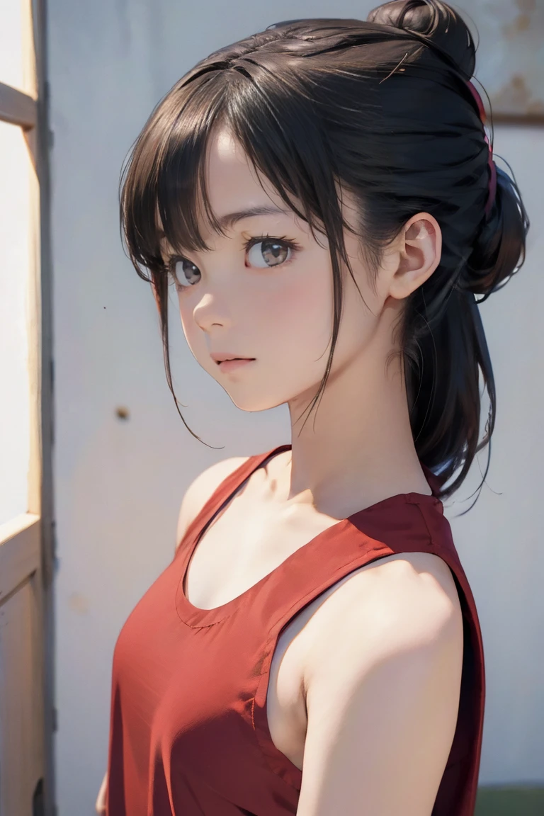 masterpiece, best quality, extremely detailed, (realistic, photo realistic:1.2), high resolution, RAW photo, 8k, Asian girl, 18yo, side bun,slender、Mid-chest、