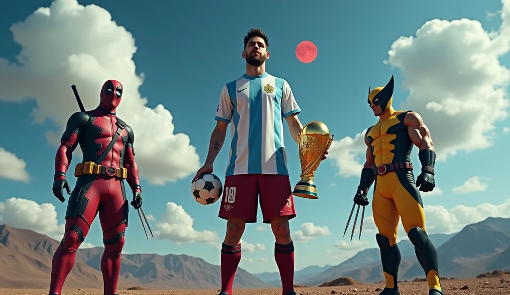Generate an image showing Lionel Messi wearing the Argentina shirt next to the red Deadpool and the yellow Wolverine, The landscape must include an apocalypse or the end of the world and mountains in the background., under a blue sky with some fluffy clouds and a red moon . Messi must be holding the Copa America ball on his left foot and also have the World Cup in his right hand.. While Deadpool is making funny poses as he knows how to do and Wolverine is next to Messi, they should not be so close together