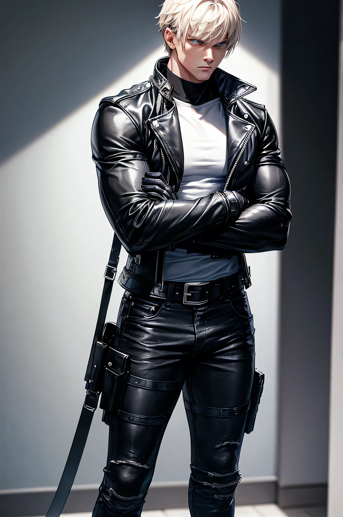 A muscular young man , wearing a white round-neck shirt and a black leather jacket over it, wearing blue jeans, black motorcycle gloves, a black belt, and black combat boots and a holster strap black for a handgun on his thigh , Standing with arms crossed, back against the wall in the bathroom.Anime.