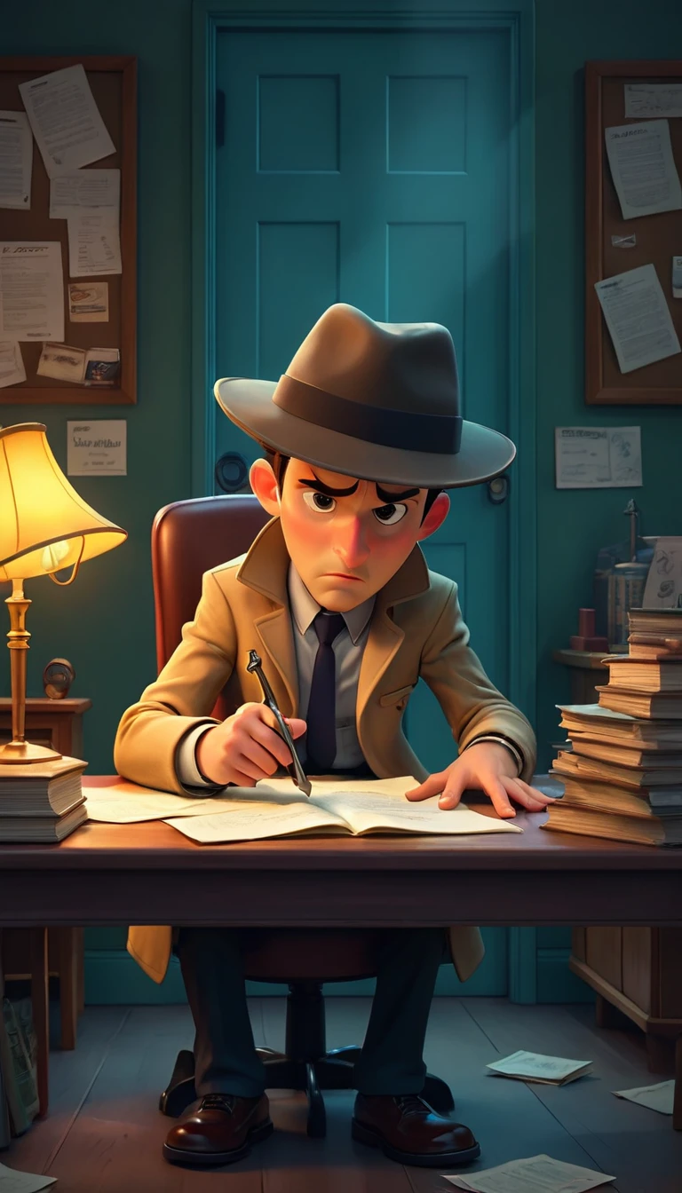 "High-resolution image in a cartoonish style of a male detective holding a vintage rotary phone with a concerned expression. The scene features dramatic lighting, casting strong shadows across the detective’s face. The detective is wearing a trench coat and fedora hat, and the background shows the cluttered, dimly lit office with scattered papers and books."