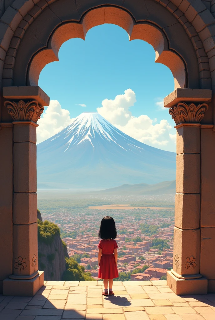 Yanahuara Viewpoint: A viewing point with carved ashlar arches, offering a panoramic view of the city of Arequipa and its three guardian volcanoes, in a quiet and picturesque environment. only stage without people in disney pixar drawing ,In the middle of the stage I will put a girl, put a space without the girl