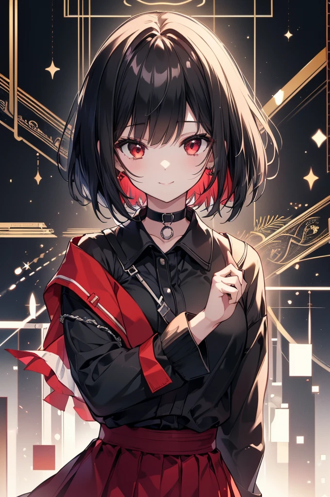 (masterpiece, highest quality, highest quality, (No text), Beautiful and aesthetic:1.2),No text,アニメ、BREAK,One Girl，Black Hair Girl　 adult　short hair　older sister　choker　Beautiful eyes　Red eyes　cool　smile　Black and Red　skirt　Black jacket　whole body　In town