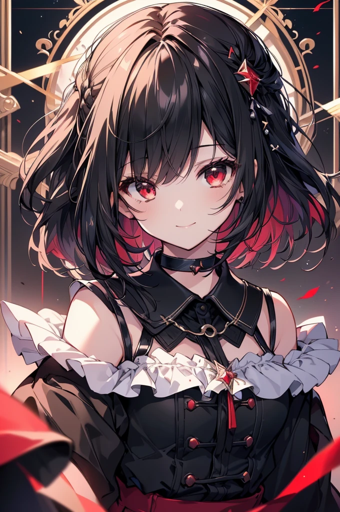 (masterpiece, highest quality, highest quality, (No text), Beautiful and aesthetic:1.2),No text,アニメ、BREAK,One Girl,Black Hair Girl adult short hair older sister choker Beautiful eyes Red eyes cool smile Black and Red skirt Black jacket whole body In town