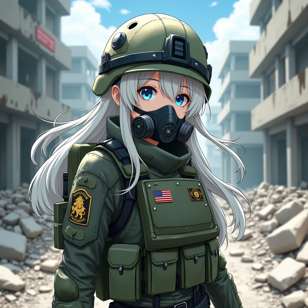 Girl, long white hair, blue eyes, cool haircut, US military outfit, bulletproof vest, in heavy armor, military helmet, gasmask, in destroyed building, anime