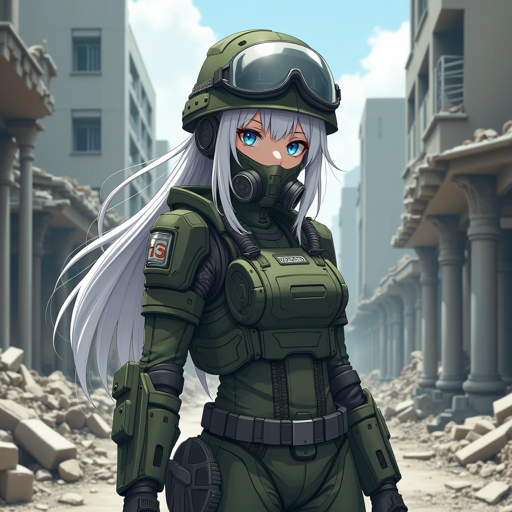 Girl, long white hair, blue eyes, cool haircut, US military outfit, bulletproof vest, in heavy armor, military helmet, gasmask, in destroyed building, anime