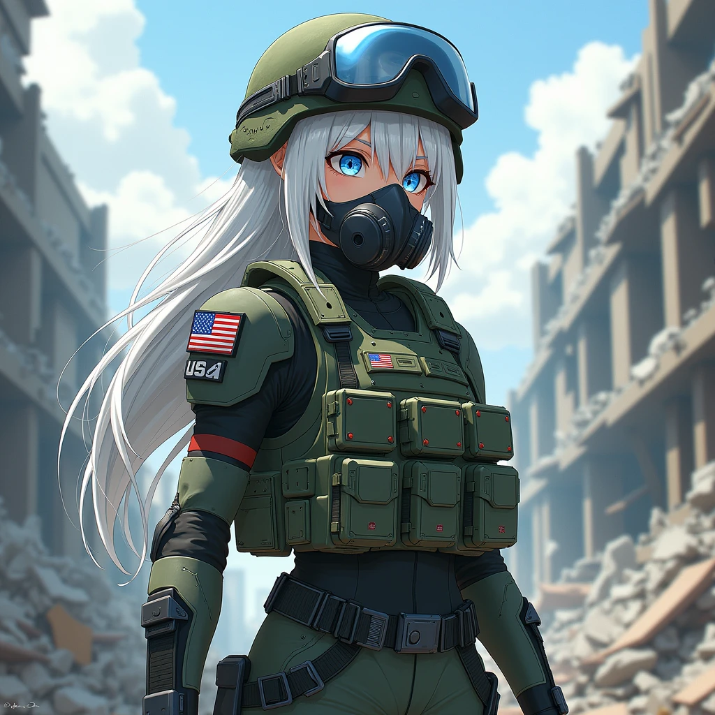 Girl, long white hair, blue eyes, cool haircut, US military outfit, bulletproof vest, in heavy armor, military helmet, gasmask, in destroyed building, anime