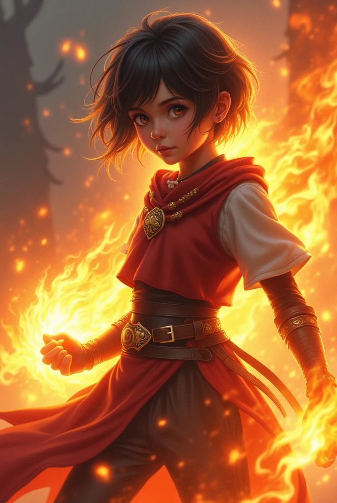 girl full body, short hair, brave with fragment that allows him to control fire