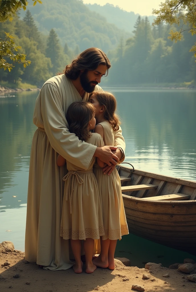 children hug Jesus and next to it is a deep lake and on the lake there is an old wooden boat with oars