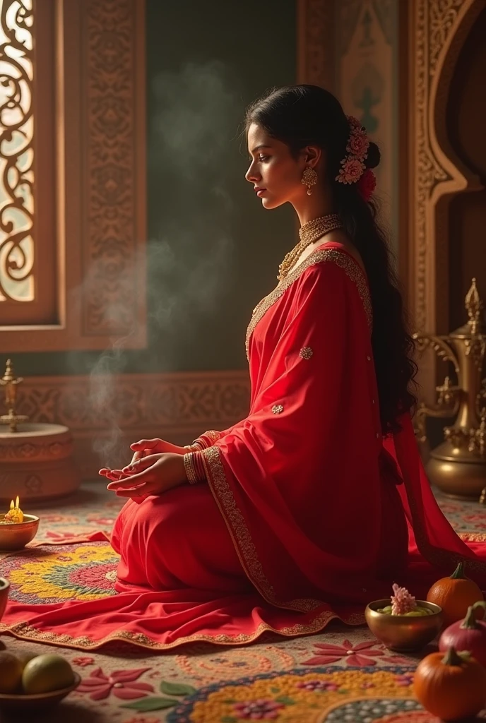 A woman wearing red saree, sitting in pooja room