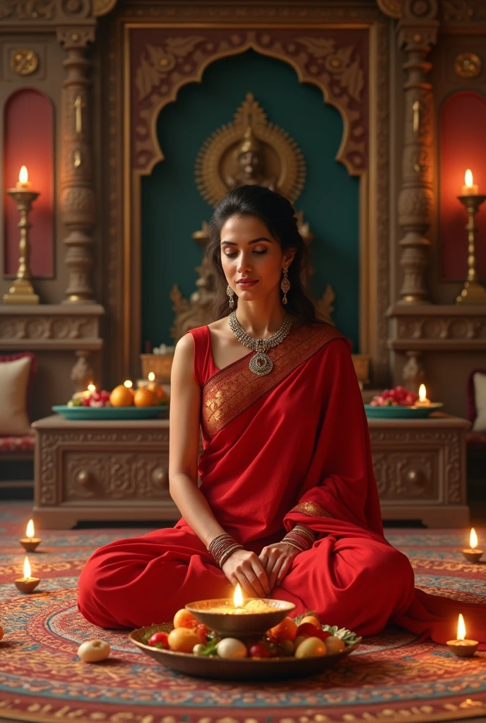 A woman wearing red saree, sitting in pooja room