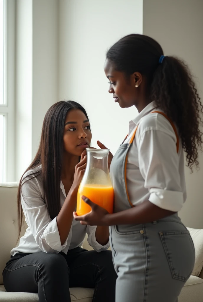 African woman with a long straight hair wearing a white shirt and a black jean trouser revealing her hips sitting on a couch placing her hands on her mouth in a living room painted white and looking at a beautiful African maid with long curly hair who is holding a jug of orange juice