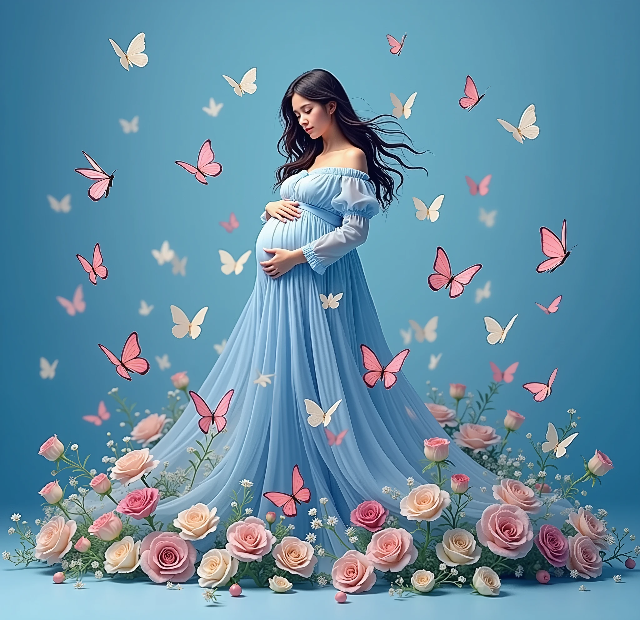 A pregnant woman stands amidst a flurry of pink and white butterflies, her flowing red dress cascading around her like a waterfall. She cradles her belly with both hands, embodying the serene beauty of anticipation. The backdrop is a soft blue gradient, adorned with scattered flowers in hues of pink and white, enhancing the ethereal atmosphere.