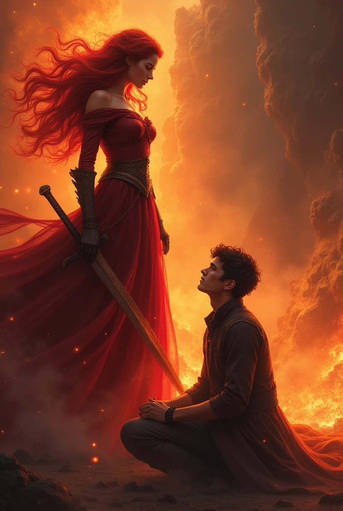 red hair in a fiery atmosphere,masked, and the princess who hides a sword behind her and looks at her with angry eyes like fire and a very, very handsome prince kneels before her and begs and looks into the princess&#39;s eyes with timid eyes