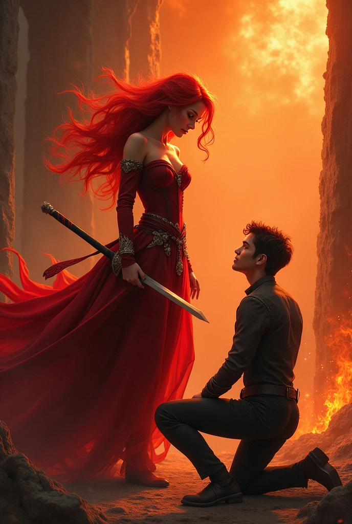 red hair in a fiery atmosphere,masked, and the princess who hides a sword behind her and looks at her with angry eyes like fire and a very, very handsome prince kneels before her and begs and looks into the princess&#39;s eyes with timid eyes