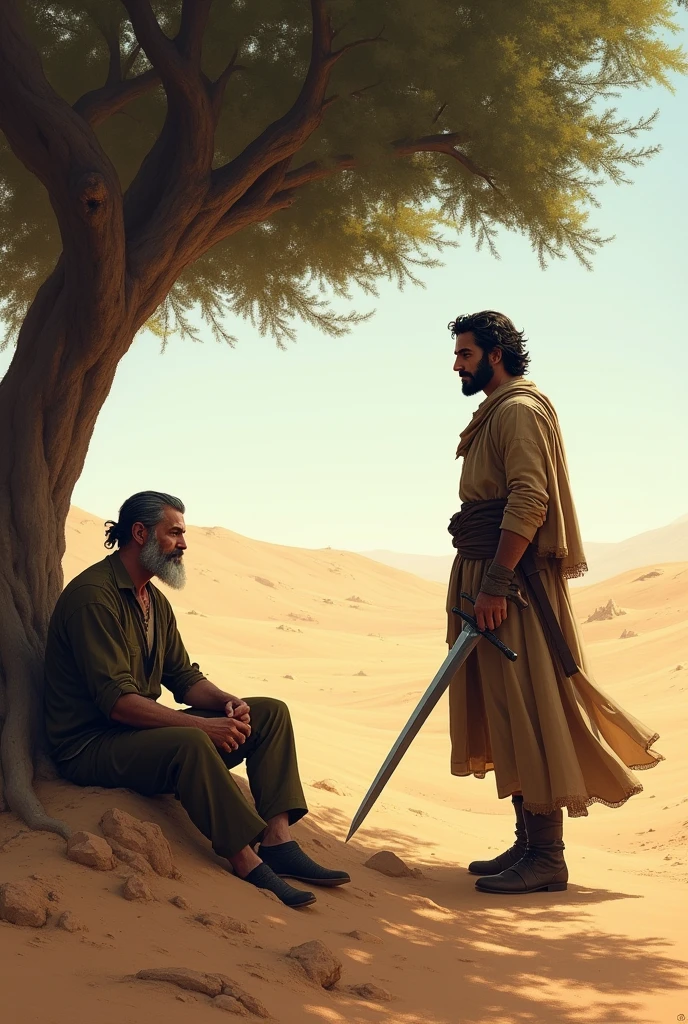 A man sits under a tree in the desert and another man with a sword asks who will save you