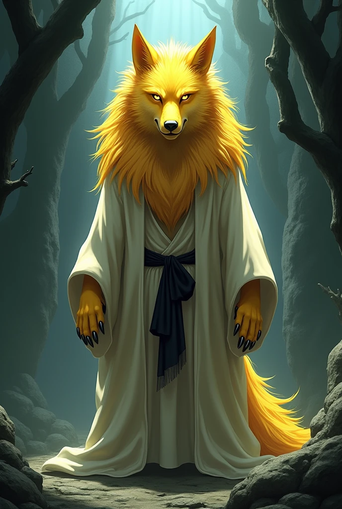 a yellow furry wolf with yellow hair and eyes wearing Aizen&#39;s outfit from Bleach in Muken digital art