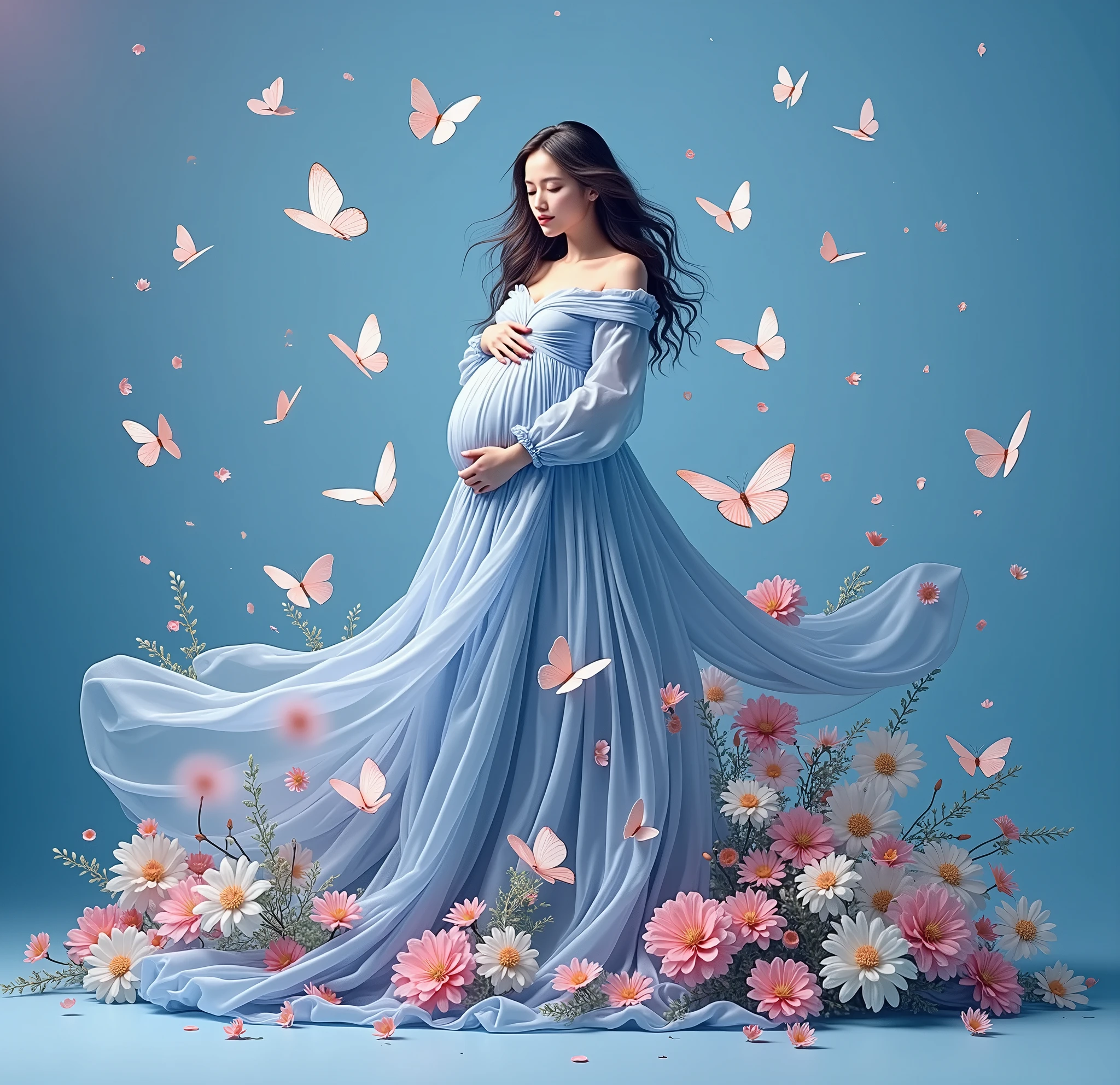 A pregnant woman stands amidst a flurry of pink and white butterflies, her flowing red dress cascading around her like a waterfall. She cradles her belly with both hands, embodying the serene beauty of anticipation. The backdrop is a soft blue gradient, adorned with scattered flowers in hues of pink and white, enhancing the ethereal atmosphere.