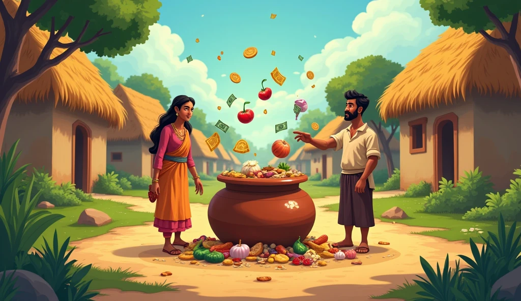 In cinematic 2d cartoon style log shot indian village  A wide shot of the farmer and his wife staring in shock as the pot doubles the household items they place inside it, including food, clothes, and money.