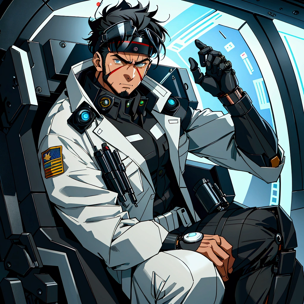 masterpiece, best quality, 8K, ultra res, extremely detailed,, Futuristic laboratory. Anime style. A man sitting in a mechanical chair, being brainwashed. A wild-looking man. Muscular. Wearing a black military uniform. A bold face. Short black hair. Wearing a black visor. Struggling and trying to resist.
