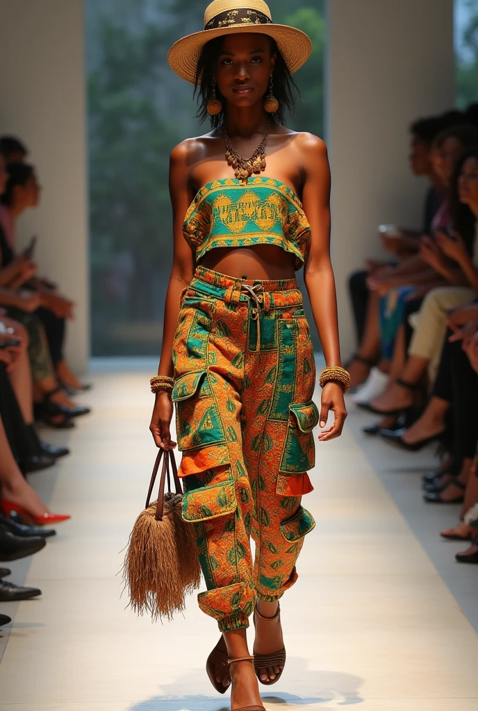 Incorporate the vibrant and intricate patterns of Kitenge and Kuba cloth into statement pieces like cargopants and crop topsUse raffia for eco-friendly accessories.