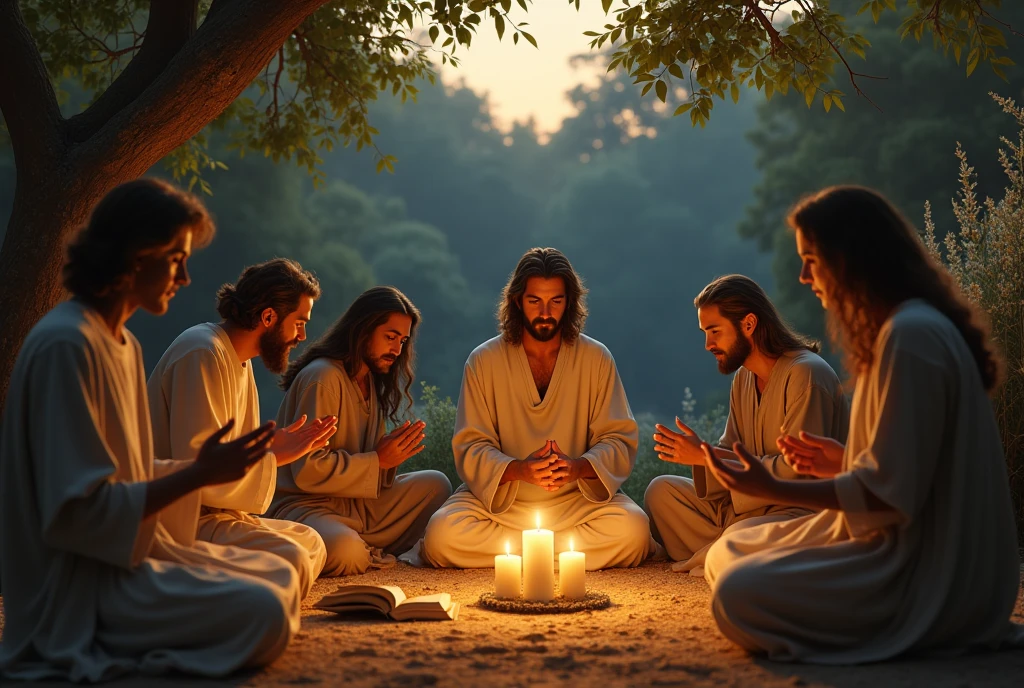 Create a realistic and inspiring scene of a night of prayer with Jesus. Imagine an intimate and spiritual setting at dusk, with the light of twilight creating a soft golden glow. In the center, represent Jesus realistically, with authentic traits and a serene and welcoming expression. He should be dressed in a simple and natural robe, and his posture should reflect a quiet blessing.
Around Jesus, include a diverse group of people - men and women of different ages and ethnic backgrounds - kneeling or sitting in prayer positions. Make sure your expressions show deep devotion and calm.
The setting should have a sense of authenticity, with realistic details like burning candles, a modest altar and a visibly worn prayer book. The background can be a natural environment like a garden lit by the soft light of the evening or a small clearing in a quiet forest. Include natural details such as trees and flowers, with the light of twilight gently filtering through the leaves. Use a palette of warm, soft colors - gold, blue and green - to evoke a sense of peace and reverence. The scene should convey an atmosphere of tranquility and spirituality, as if capturing an authentic moment of connection and prayer.