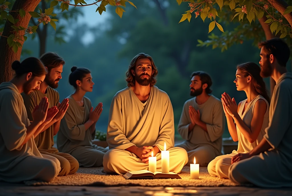 Create a realistic and inspiring scene of a night of prayer with Jesus. Imagine an intimate and spiritual setting at dusk, with the light of twilight creating a soft golden glow. In the center, represent Jesus realistically, with authentic traits and a serene and welcoming expression. He should be dressed in a simple and natural robe, and his posture should reflect a quiet blessing.
Around Jesus, include a diverse group of people - men and women of different ages and ethnic backgrounds - kneeling or sitting in prayer positions. Make sure your expressions show deep devotion and calm.
The setting should have a sense of authenticity, with realistic details like burning candles, a modest altar and a visibly worn prayer book. The background can be a natural environment like a garden lit by the soft light of the evening or a small clearing in a quiet forest. Include natural details such as trees and flowers, with the light of twilight gently filtering through the leaves. Use a palette of warm, soft colors - gold, blue and green - to evoke a sense of peace and reverence. The scene should convey an atmosphere of tranquility and spirituality, as if capturing an authentic moment of connection and prayer.