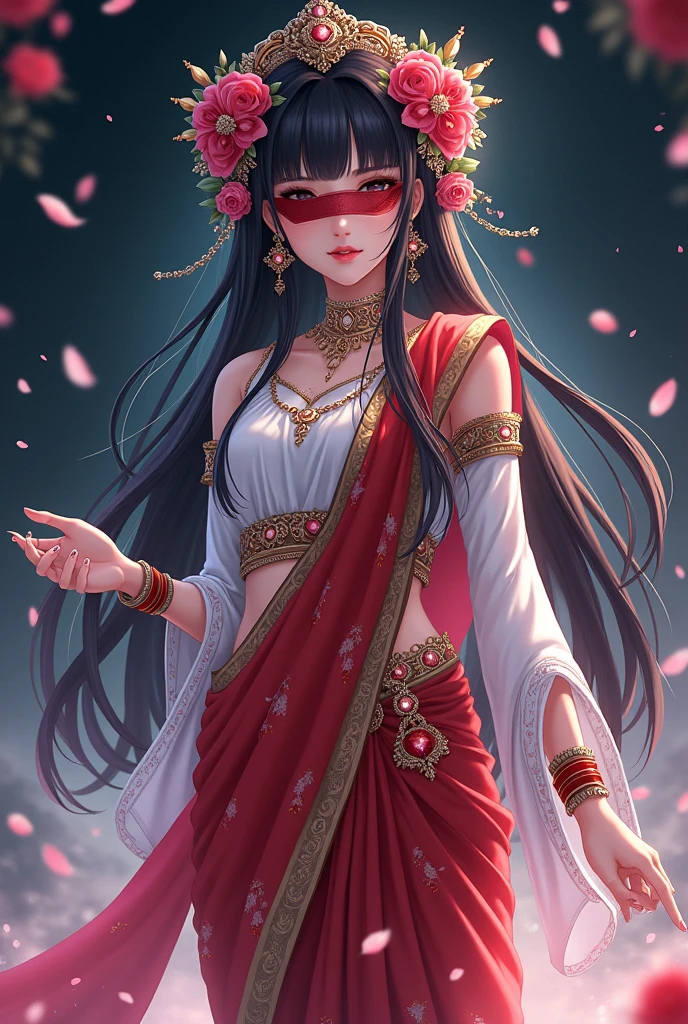 Create a anime style landscape image. anime style illustration featuring a woman with long, flowing dark hair adorned with intricate floral and jewel headpieces. She is wearing a red and white sari with gold embroidery and detailed jewelry, including necklaces, bracelets, and earrings. Her eyes are covered with a red blindfold, adding a sense of mystery. The background is dark with soft, glowing lights and floating petals, creating a mystical anime style atmosphere. 