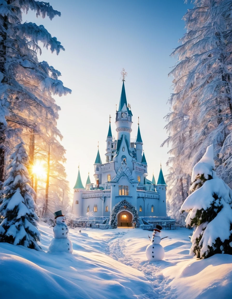 Panoramic winter wonderland scene: A serene ice lake glimmers in the soft, golden light of dawn, surrounded by towering evergreens and a tapestry of snow-covered twigs. In the center, a majestic snowman stands proud, crafted with intricate details and topped with a delicate crown, set against the majestic backdrop of frosty peaks. Shot in 8K high-quality resolution, this masterpiece is a testament to the beauty of winter's peaceful silence. ImgFixerPre0.3