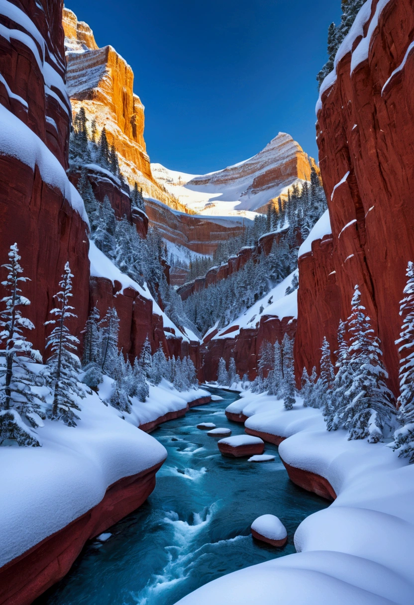 Snow Scenery, Located in Banff National Park, Utah, USA, it is like a mysterious ice and snow wonderland in winter. Entering this snowy canyon, it feels like entering a kingdom of ice and snow, with towering red sandstone covered in white snow, creating a highly impactful scene, (best quality, masterpiece, photorealistic), very aesthetic, perfect composition, intricate details, ultra-detailed, vivid colors