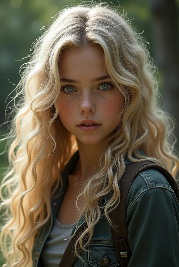 girl with long curly platinum golden hair with grey eyes and milky white skin wearing a Camp Half-Blood uniform