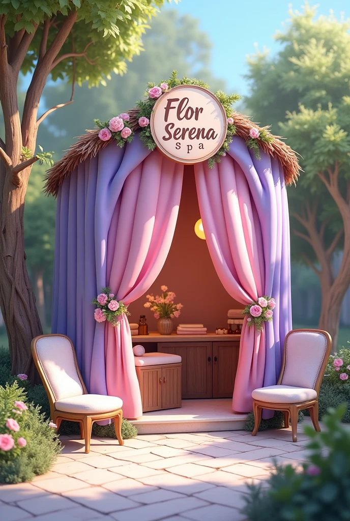 mini spa not so much as a place but as a stand with pink and purple curtains with a name that says FLOR SERENA SPA in a circle and small rhyming chairs outside