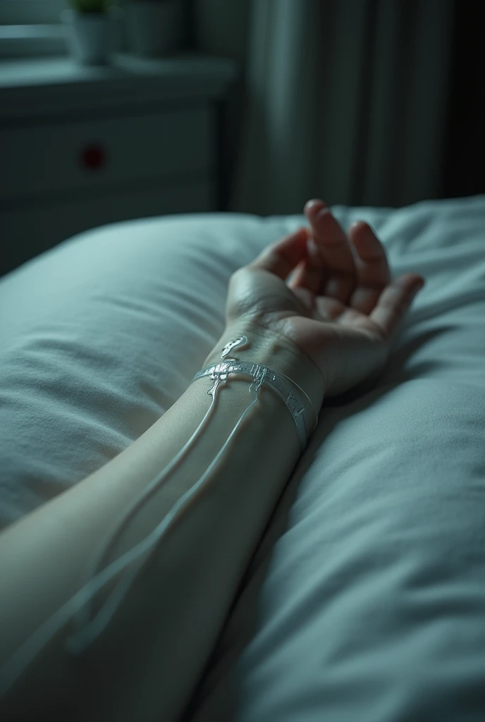 You can create an image of an arm resting on a hospital bed receiving IV fluids, and that the perspective is on the shoulder (clearly so that the shoulder is not visible) and on the wrist there are marks of scars from past or old self-harm... with 100% realism% that the image is dark