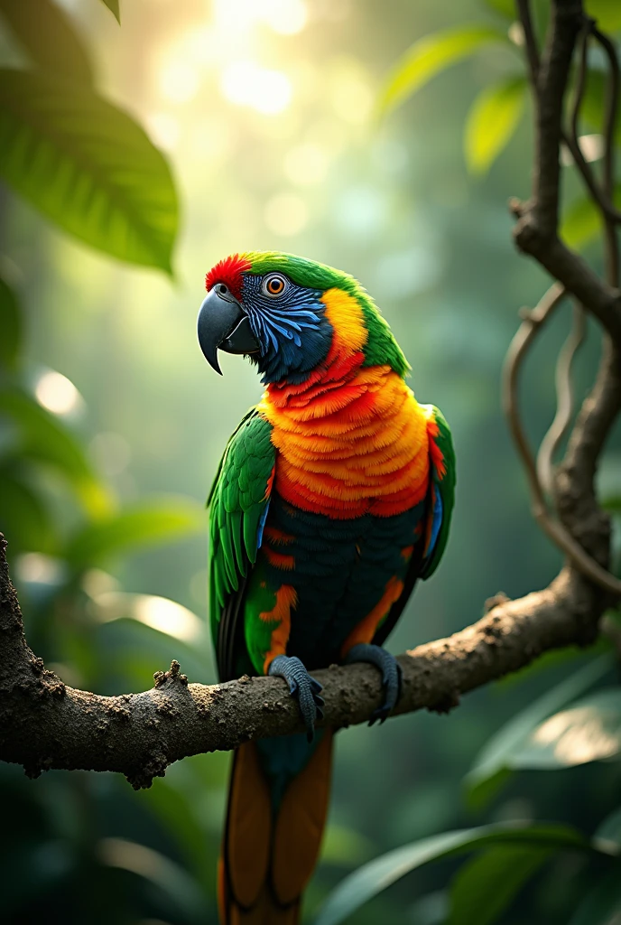 /imagine prompt: A high-resolution 8K image of a vibrant Brazilian parrot perched on a branch in the middle of a lush tropical forest. The parrot has colorful feathers, primarily in green with hints of red, yellow, and blue. Surrounding it is dense vegetation with large, green leaves, vines, and tropical flowers. Sunlight filters through the canopy, casting dappled light on the parrot and the forest floor. The atmosphere is lively and natural, capturing the essence of the Amazon rainforest.