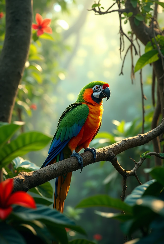 /imagine prompt: A high-resolution 8K image of a vibrant Brazilian parrot perched on a branch in the middle of a lush tropical forest. The parrot has colorful feathers, primarily in green with hints of red, yellow, and blue. Surrounding it is dense vegetation with large, green leaves, vines, and tropical flowers. Sunlight filters through the canopy, casting dappled light on the parrot and the forest floor. The atmosphere is lively and natural, capturing the essence of the Amazon rainforest.
