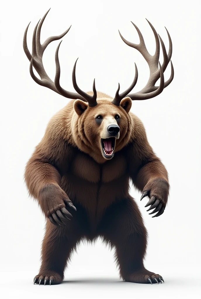 On a white sheet, a grizzly bear with deer horns standing slightly to the side showing claws with mouth open, and open-mouthed